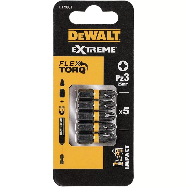 Набор бит DeWALT IMPACT TORSION, ударные, Pozidriv, Pz3, L= 25 мм, 5 шт (DT7388T) - изображение 1