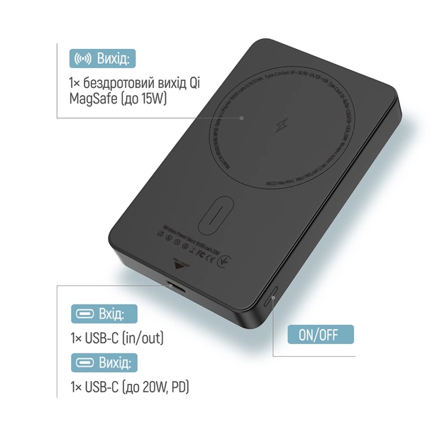 Батарея універсальна ColorWay 10 000 mAh PD/22.5W, 15W MagSafe Black (CW-PB100LPA1BK-WPDD) - зображення 6
