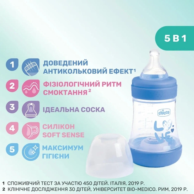 Пляшечка для годування Chicco Perfect 5 Love із силіконовою соскою 0+ міс. 150 мл Блакитна (20211.21.40) - picture 7