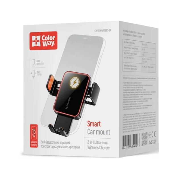 Універсальний автотримач ColorWay Ultra-mini. автозажим, Wireless Charger 15W Black (CW-CHAW069Q-BK) - picture 4
