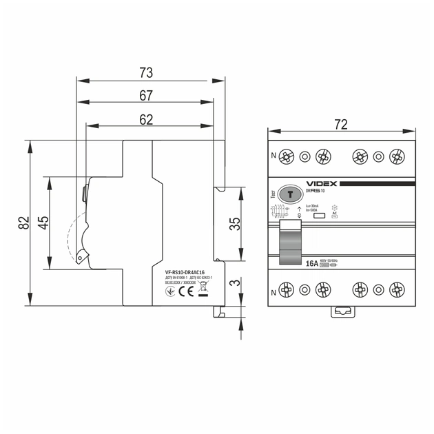 Диференційне реле (ПЗВ) Videx RESIST АС 4п 30мА 10кА 16А (VF-RS10-DR4AC16) - picture 4