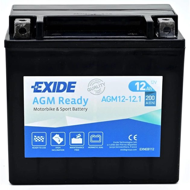 Акумулятор автомобільний EXIDE Мото Ready AGM 12Ah (+/-) (200EN) (AGM12-12.1) - зображення 1
