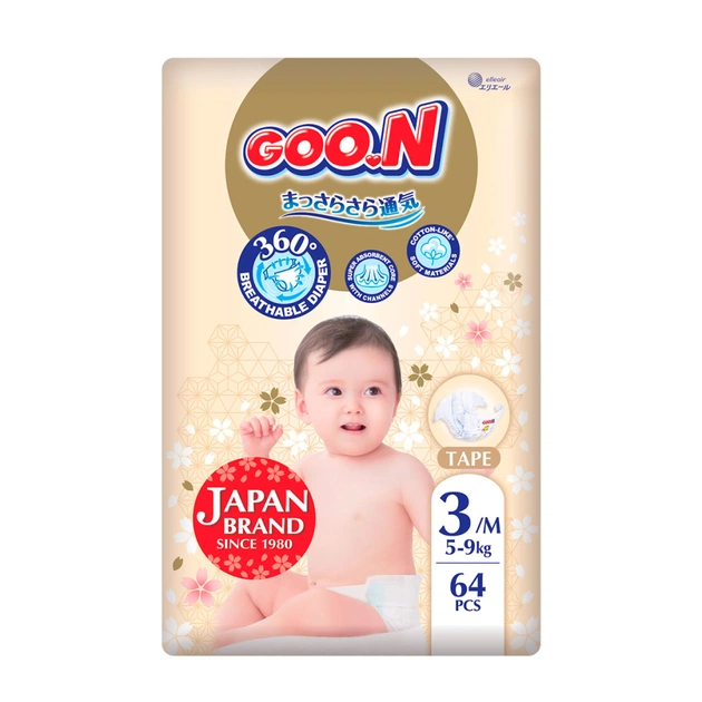 Підгузки GOO.N Premium Soft 5-9 кг Розмір 3 M на липучках 64 шт (F1010101-154) - зображення 1
