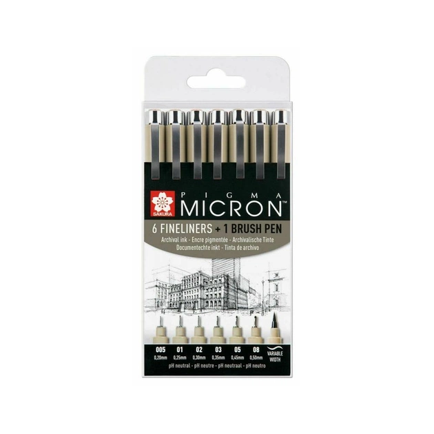 Лайнер Sakura Набор Pigma Micron 6шт, + Pigma Brush + PIGMA Micron PN в подарок (8712079397975) - изображение 1