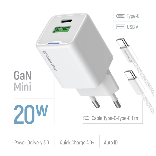 Зарядний пристрій ColorWay C101A GaN Mini 20W PD PPS USB-C + USB-A QC4.0 + cable USB-C to USB-C black (CW-CHS062PDC-WT) - picture 7