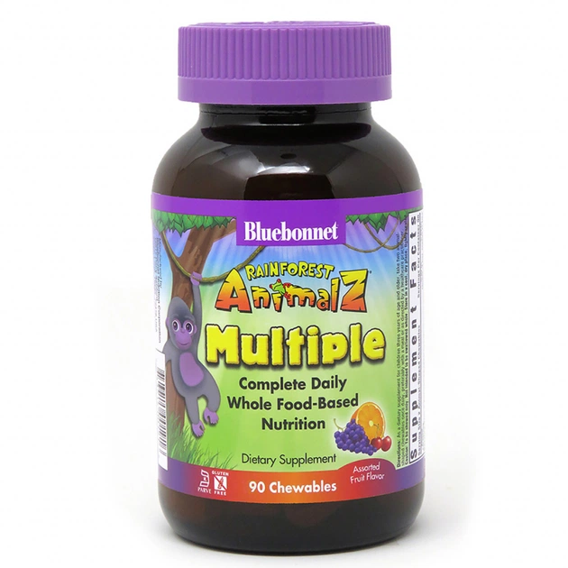 Мультивітамін Bluebonnet Nutrition Мультивітаміни для Дітей, Смак Фруктів, Rainforest Animalz, Whole Food Based Multiple Complete Daily 90 Chewables Assorted Fruit Flavor (BLB0190) - изображение 1