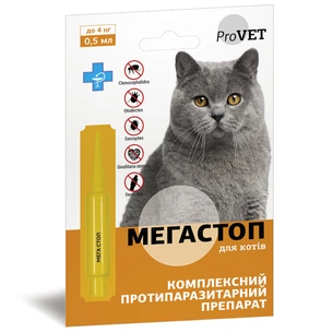 Краплі для тварин ProVET Мега Стоп від паразитів для котів до 4 кг 0.5 мл (4823082417476) зображення 1