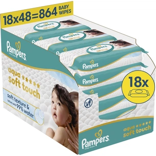 Дитячі вологі серветки Pampers Aqua Soft Touch 48 шт х 18 пачок (864 шт) (8006530139977) зображення 1