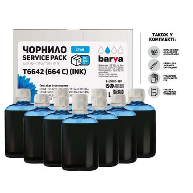 Чорнило Barva Epson L100/L210/L300/L350/L355 Cyan 10x100мл ServicePack (E-L100C-1SP) - зображення 1
