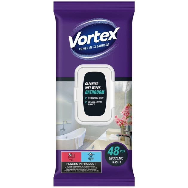Серветки для прибирання Vortex Вологі Для ванної кімнати З клапаном 48 шт. (4823071641233) - picture 1