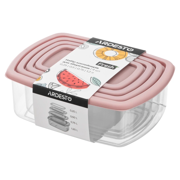 Харчовий контейнер ARDESTO Fresh Набір 0.25/0.5/0.75/1.2л, пластик, прямокутна, рожевий (AR1312P) - зображення 1