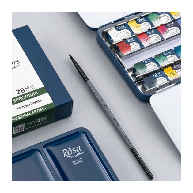 Акварельні фарби Rosa Gallery SPECTRUM, 28*2,5мл, з пензлем, кювета Індіго металевий пенал (4823098544784) - picture 2