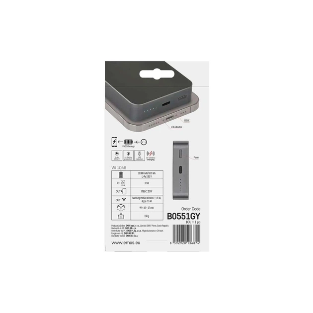 Батарея універсальна EMOS 10000mAh WI1046, 20W, Wireless, grey (B0551GY) - picture 12