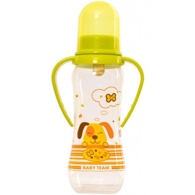 Бутылочка для кормления Baby Team с латексной соской 0+ и ручками 250 мл (1311_собачка_салатовая) - изображение 1