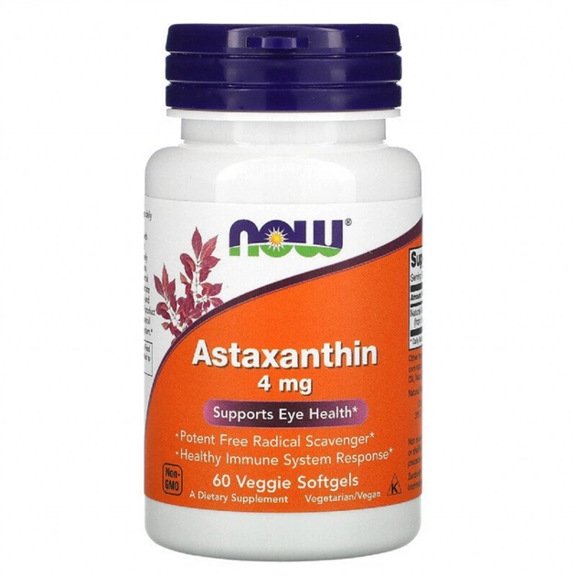 Антиоксидант Now Foods Астаксантин, Astaxanthin, 4 мг, 60 желатиновых капсул (NOW-03251) - изображение 1