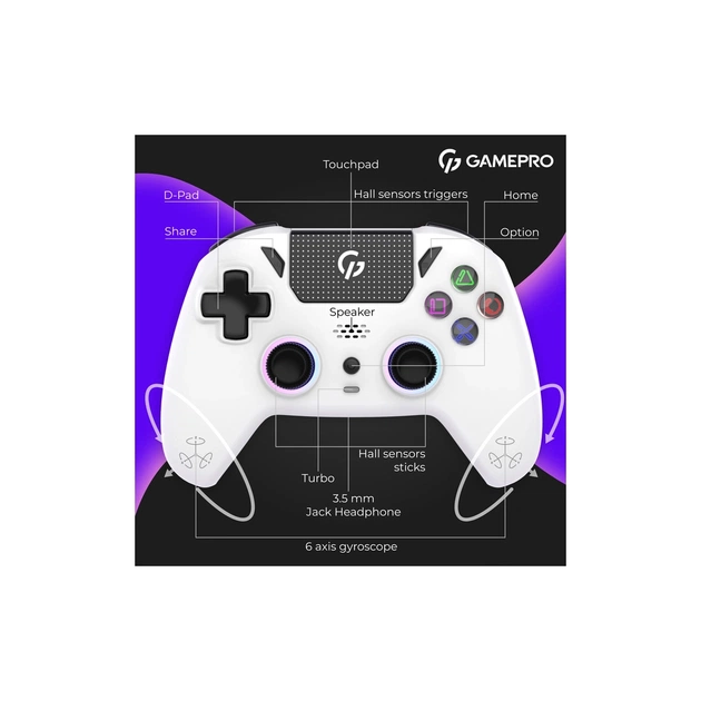Геймпад GamePro GPS13W BT 5.3/USB/PC/iOS/Android/PS3/PS4 RGB White (GPS13W) - picture 11