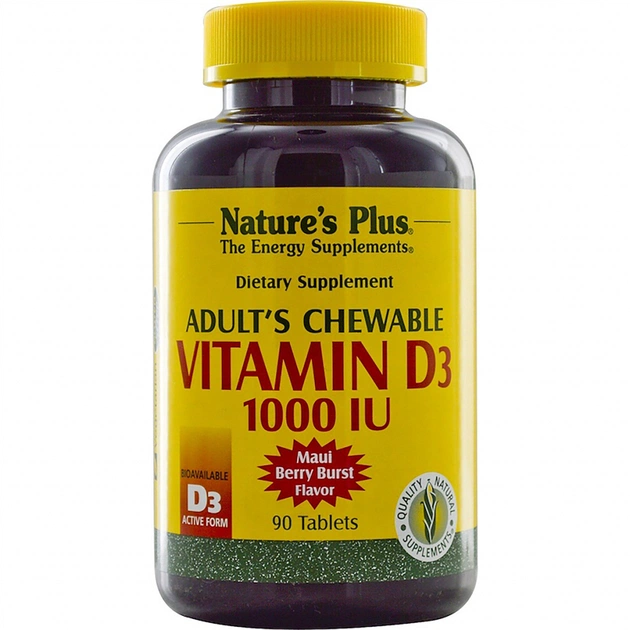 Витамин Natures Plus Жевательный витамин D3 для взрослых, Вкус ягод, 1000 МЕ, 90 (NTP1044) - изображение 1