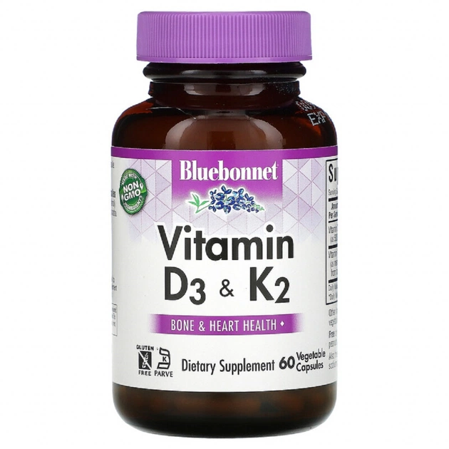 Витамин Bluebonnet Nutrition Витамины D3 и K2, Vitamins D3 & K2, 60 вегетарианских капсу (BLB-00654) - изображение 1