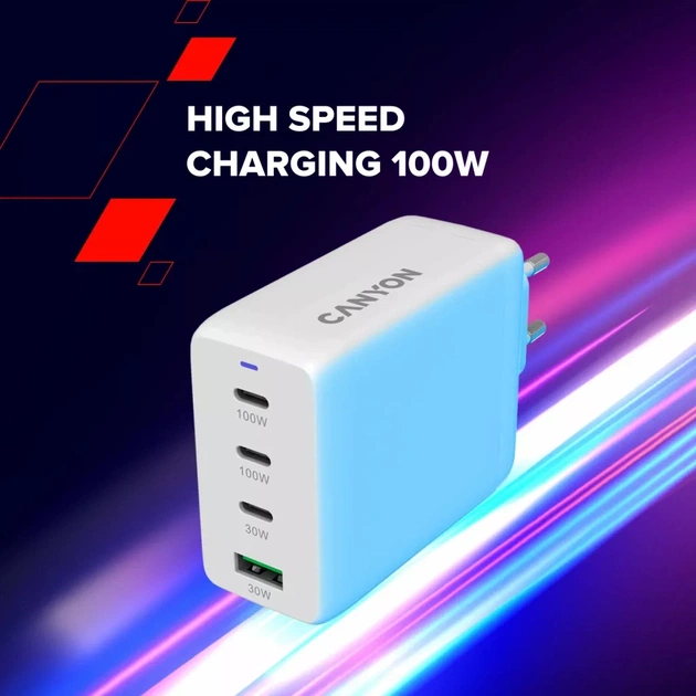 Зарядний пристрій Canyon CU100ACC GaN 100W 3xPD 1xQC EU White (CNS-CUW100ACC) - picture 10