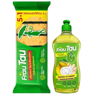 Набір побутової хімії Frau Tau Засіб для миття посуду Лимон та імбир 500 мл + Губки кухонні Великі бульбашки 6 шт. (4820115386518) зображення 1