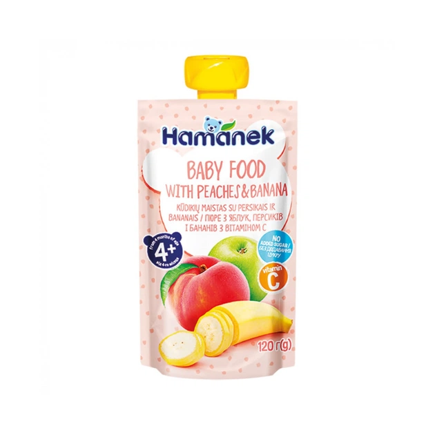 Детское пюре Hamanek Яблоко Персик Банан, 120 г (8595139783945) - изображение 1