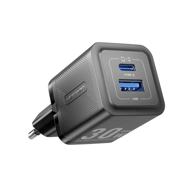 Зарядное устройство Vention 1xUSB-C PD30W + 1xUSB QC3.0 30W GaN + cable USB-C to USB-C 1.0m black (TZ-FEQB0-EU-01) - изображение 1