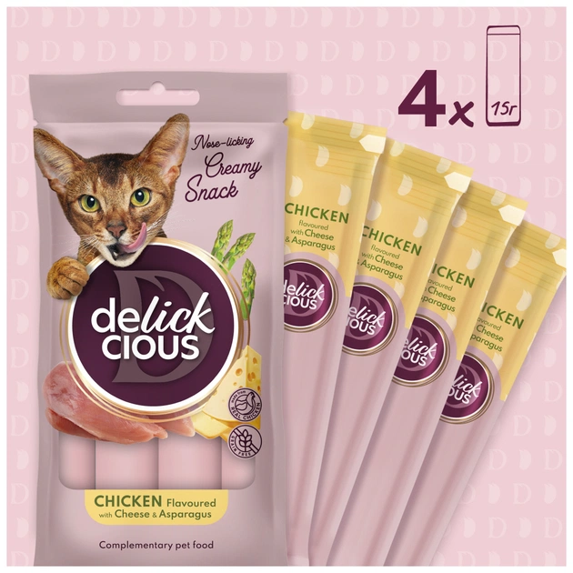 Ласощі для котів Delickcious курка з додаванням сиру та спаржі 4х15 г (4820269145184) - изображение 3