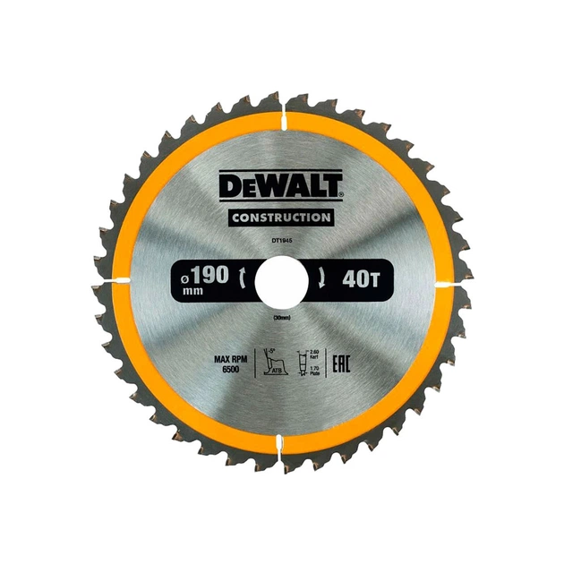 Диск пильный DeWALT СONSTRUCTION , 190 х 30 мм, 40 z, АТВ, 10 градусов (DT1945) - изображение 1