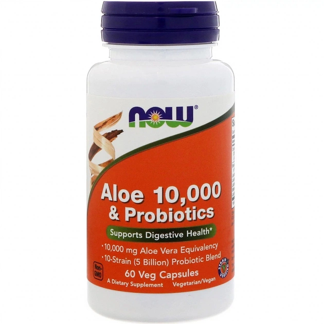 Травы Now Foods Алоэ 10 000 & Пробиотики, 60 вегетарианских капсул (NOW-03029) - изображение 1