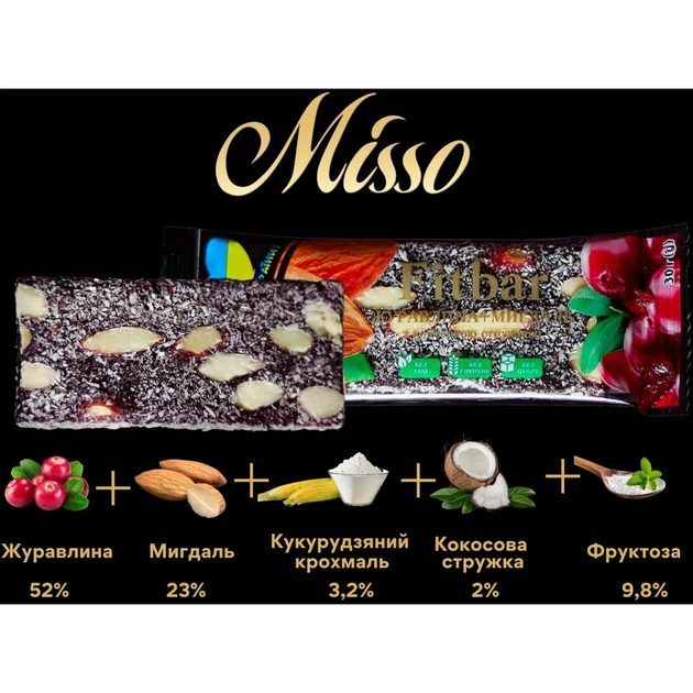 Батончик Misso Fitbar Журавлина и Мигдаль 30 г (4820232570449) - изображение 3