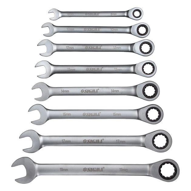 Ключ Sigma ріжково-накидний тріскачковий 8шт (8,10,12,13,14,15,17,19мм) CrV satine (6010521) - picture 2
