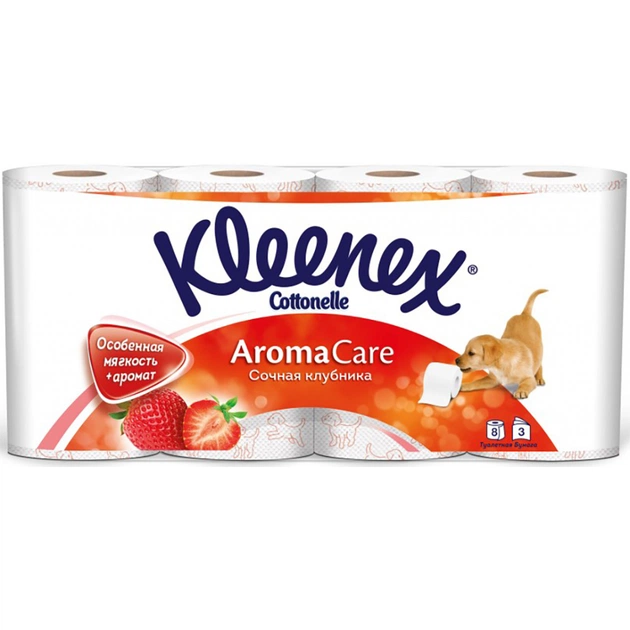 Туалетний папір Kleenex Cottonelle Aroma Care Полуниця 155 відривів 3 шари 8 рулонів (5029053541624) - изображение 1
