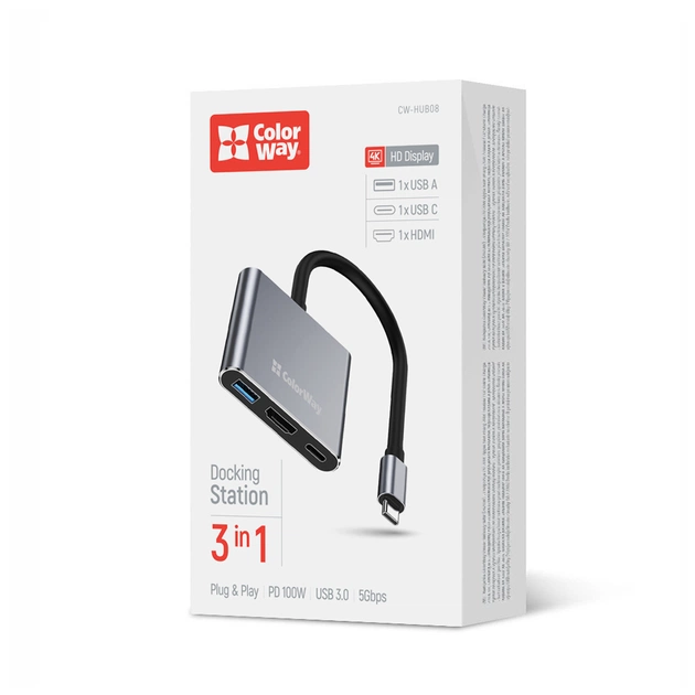 Концентратор ColorWay USB-C 3-in-1 USB 3.0 + HDMI 4K + USB-C PD100W (CW-HUB08) - picture 5
