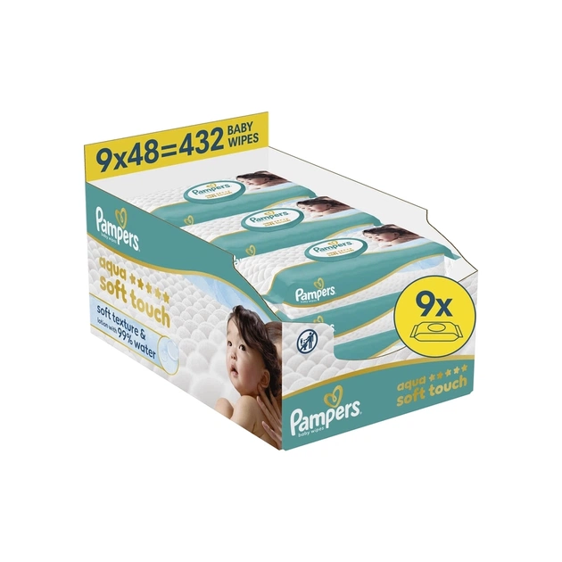 Детские влажные салфетки Pampers Aqua Soft Touch 9x48 шт (432 шт) (8006530140010) - изображение 1