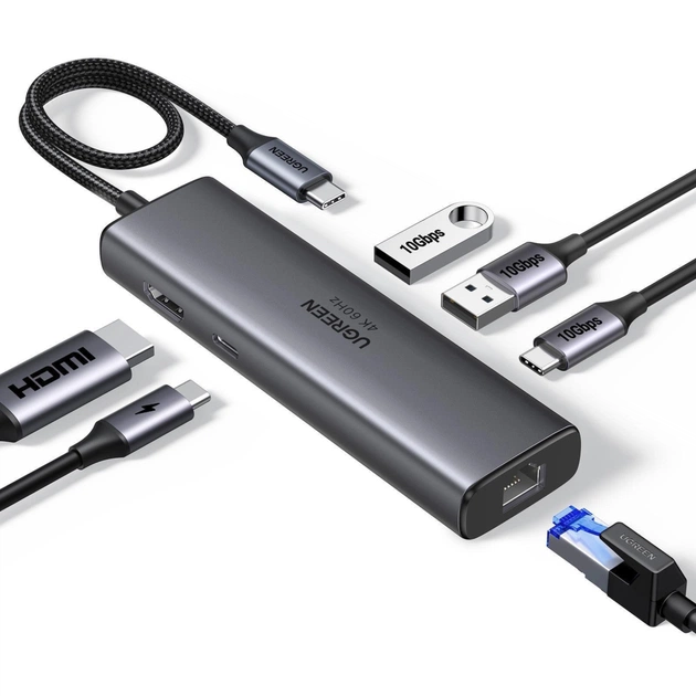 Концентратор Ugreen USB-C to HDMI + 2xUSB 3.2 + USB-C 3.2 + RJ45 + PD CM512 gray (45000) - изображение 1