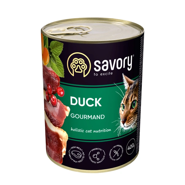 Вологий корм для кішок Savory Cat Can Adult для вибагливих котів (качка) 400 г (4820232630624) - зображення 1
