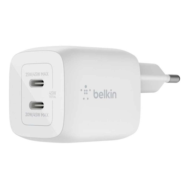 Зарядний пристрій Belkin 45W 2хUSB-С GAN PD PPS white (WCH011VFWH) - изображение 1
