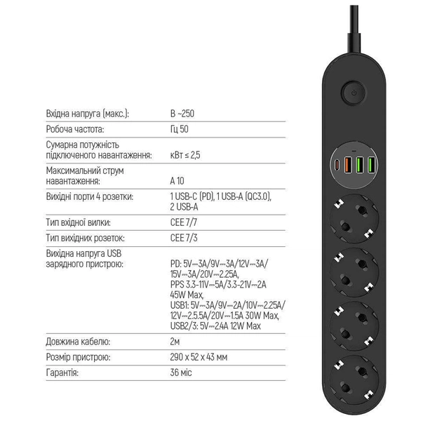 Мережевий фільтр живлення ColorWay CW-CHE44PDB, 4 розетки/4USB 2M (CW-CHE44PDB) - picture 7
