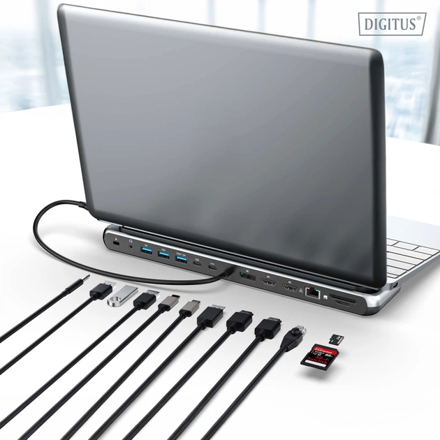 Порт-реплікатор Digitus USB-C > 2xHDMI/1xDP/3xUSB-A/USB-C/RJ54/PD/Audio (DA-70919) - зображення 5