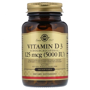 Вітамін Solgar Вітамін D3 5000 IU (125 мкг), 100 желатинових капсул (SOL-19377) зображення 1