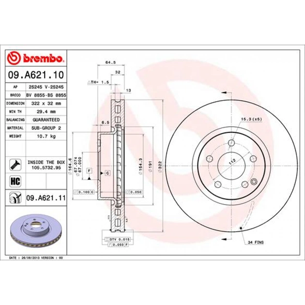 Тормозной диск Brembo 09.A621.11 - изображение 1