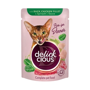 Вологий корм для кішок Delickcious Шматочки з качкою, курячим філе і шпинатом в соусі 85 г (4820269143142) зображення 1