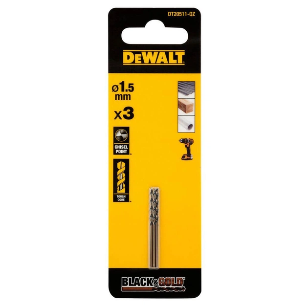 Свердло DeWALT по металу Black & Gold, HSS-G, 1.5 х 40 х 18 мм, 3 шт. (DT20511) - зображення 1