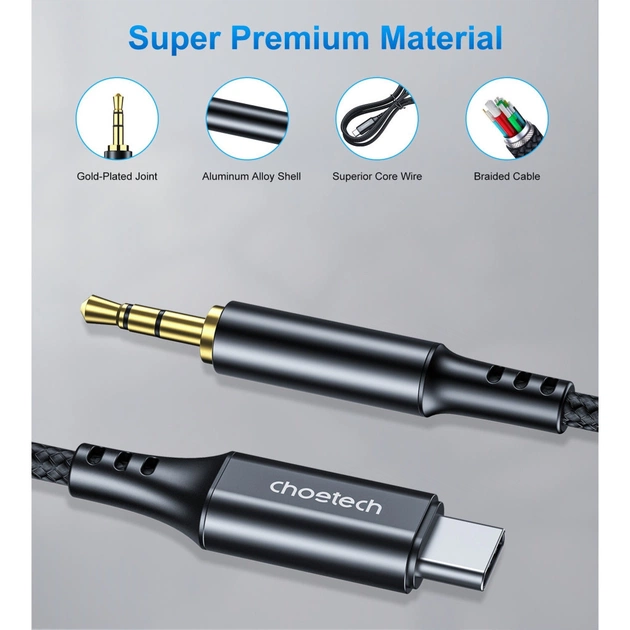 Перехідник USB-C to jack 3.5mm stereo audio (CDLA) 2.0m Choetech (AUX008-BK) - зображення 4