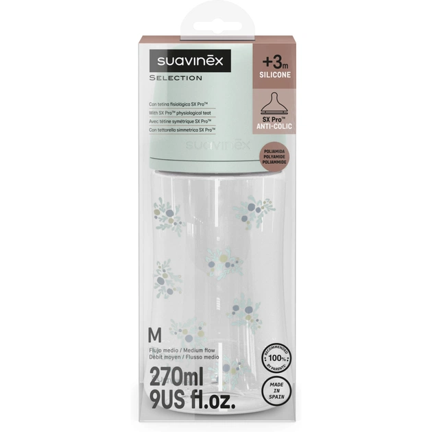 Пляшечка для годування Suavinex Poetry, 270 мл, фізіологічна соска середній потік, м'ятна (308970) - picture 3