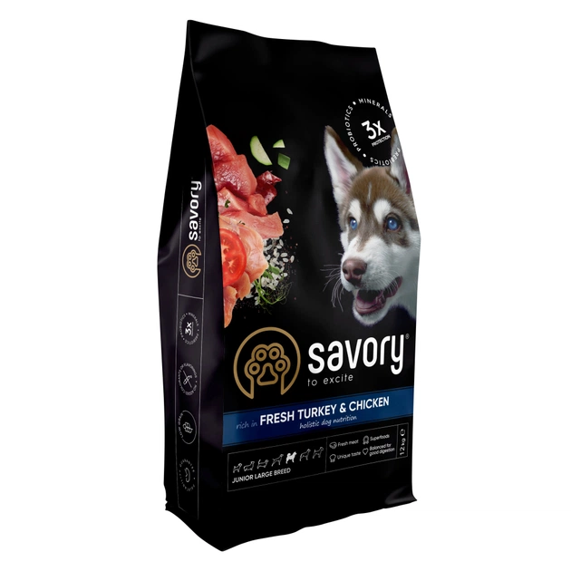 Сухой корм для собак Savory Junior Large rich in Fresh Turkey and Chicken 12 кг (4820232630211) - изображение 1