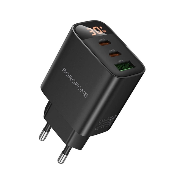 Зарядное устройство BOROFONE BA98A 2xUSB-C PD30W + 1xUSB 18W digital display black (6941991120510) - изображение 1