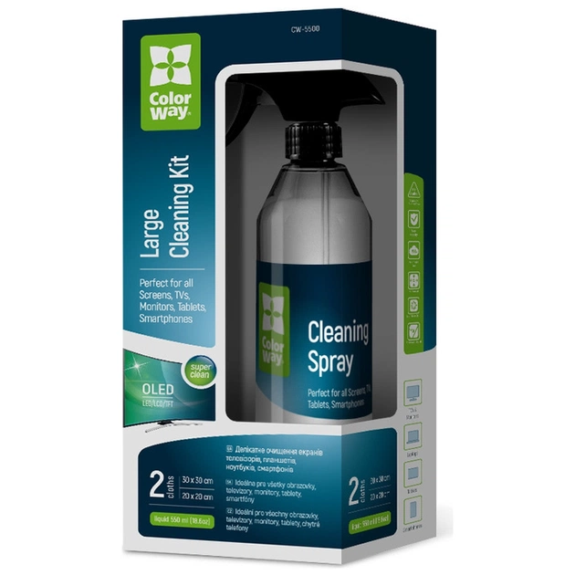 Спрей для очистки ColorWay Cleaning Kit, Large, OLED/LED/LCD/TFT, 550ml, microfibre*2 (CW-5500) - изображение 1