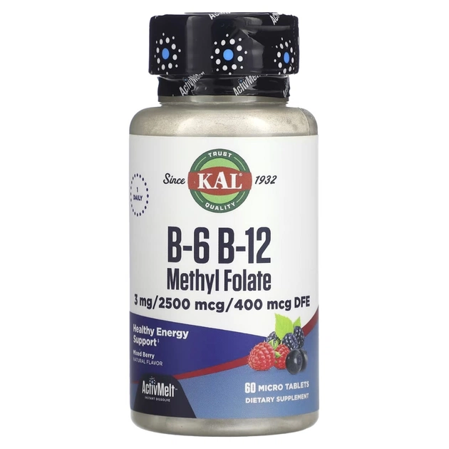 Витамин KAL Витамины B6+B12 и метилфолат, вкус ягод, B-6 B-12 Methyl Folate, 60 ми (CAL-29151) - изображение 1