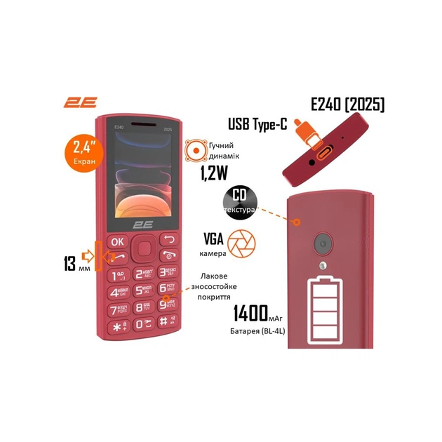 Мобільний телефон 2E E240 2025 Red (794300867219) - зображення 1